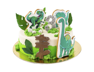 Торт с динозаврами в зеленых тонах.
